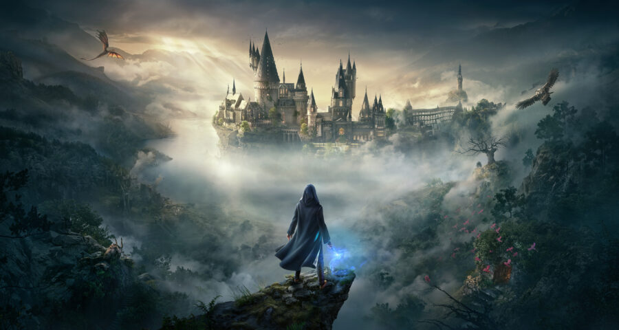 Ein Artwork von Hogwarts Legacy. Im Hintergrund sieht man das Schloss von Hogwarts. Im Vordergrund steht ein Charakter auf einer Klippe. Die Atmosphäre ist düster.